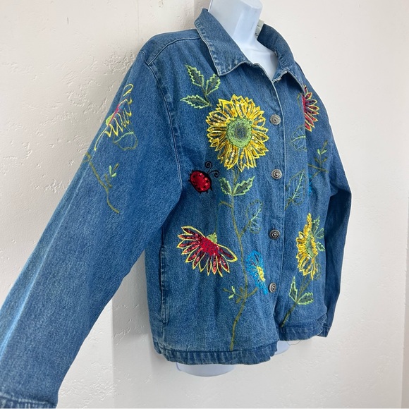 Vintage 90s Embroidered Sunflower Ladybug Denim Jacket Size L Blue Cottagecore - Picture 3 of 13